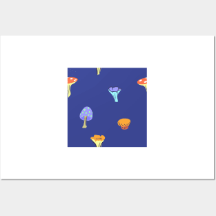 Mushrooms on a Blue Background Posters and Art